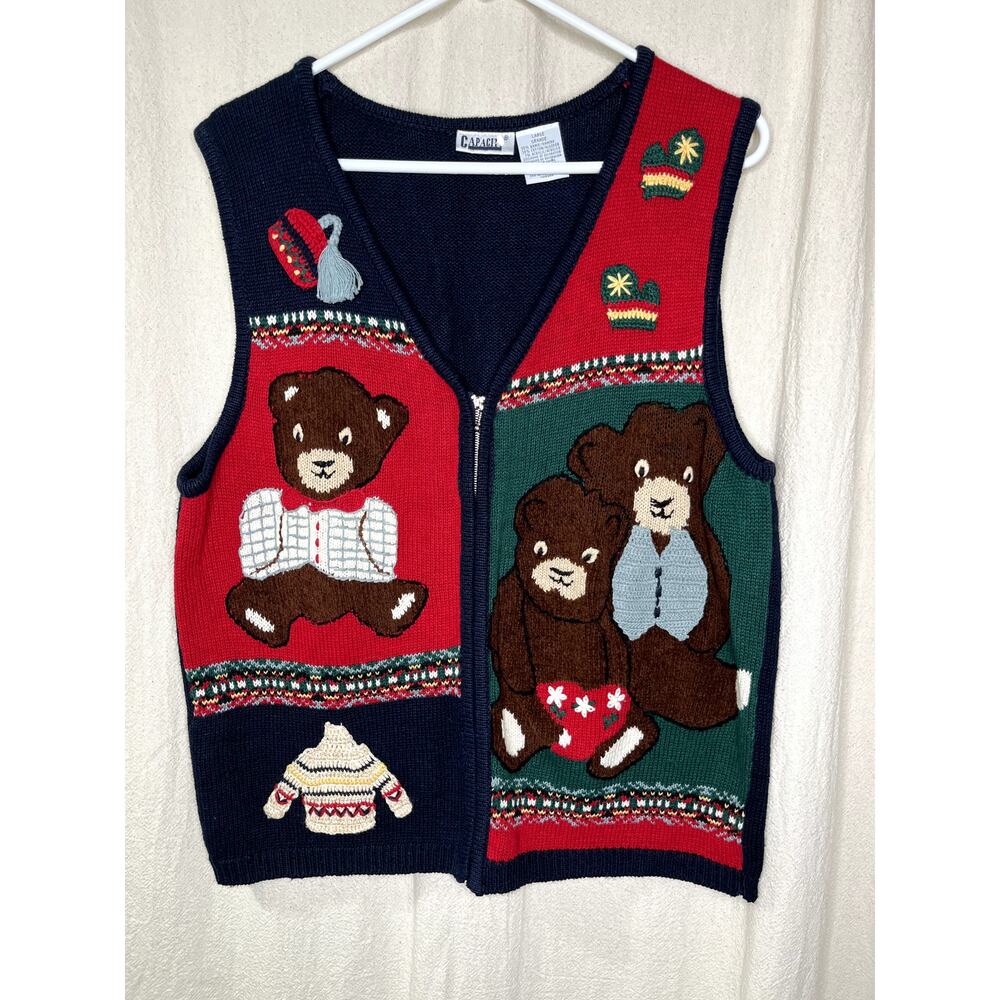 1990s Capacity Teddy Bears Christmas Patchwork Granny Kawaii Zip Sweater Vest L